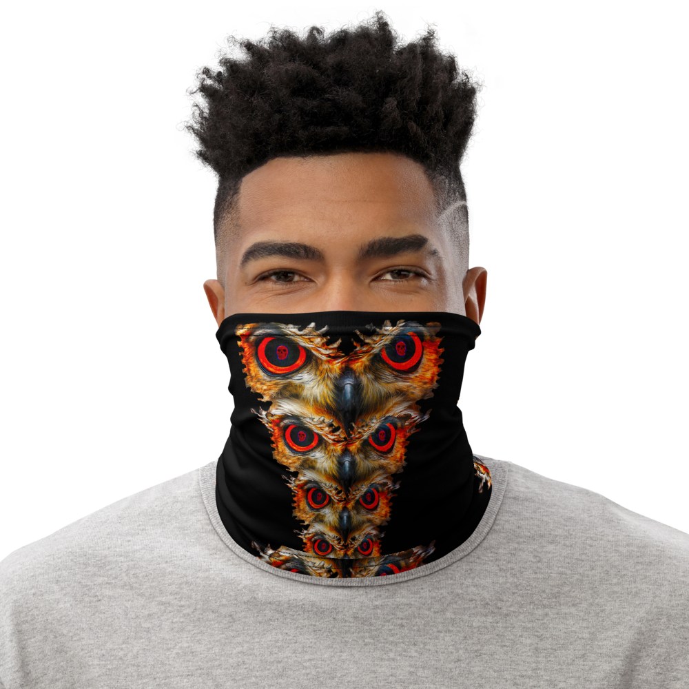 Owl Eyes See Skull  on Black Neck Gaiter - SkySkull Art