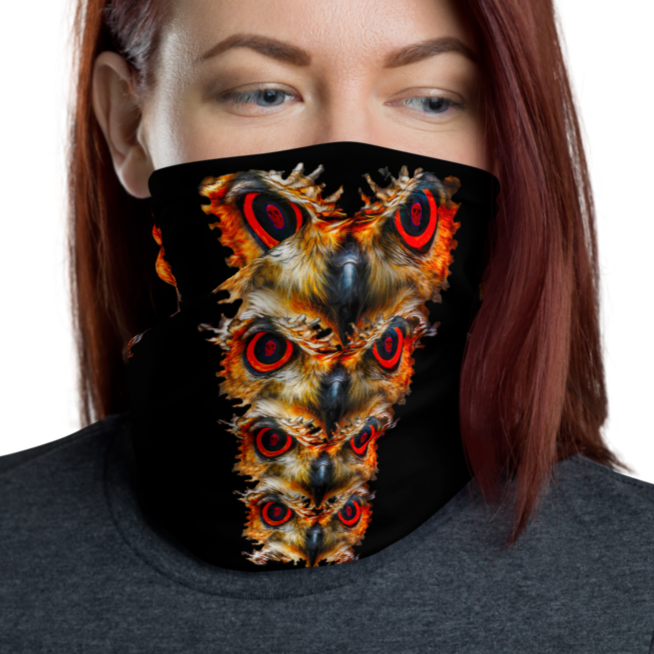Owl Eyes See Skull  on Black Neck Gaiter - SkySkull Art