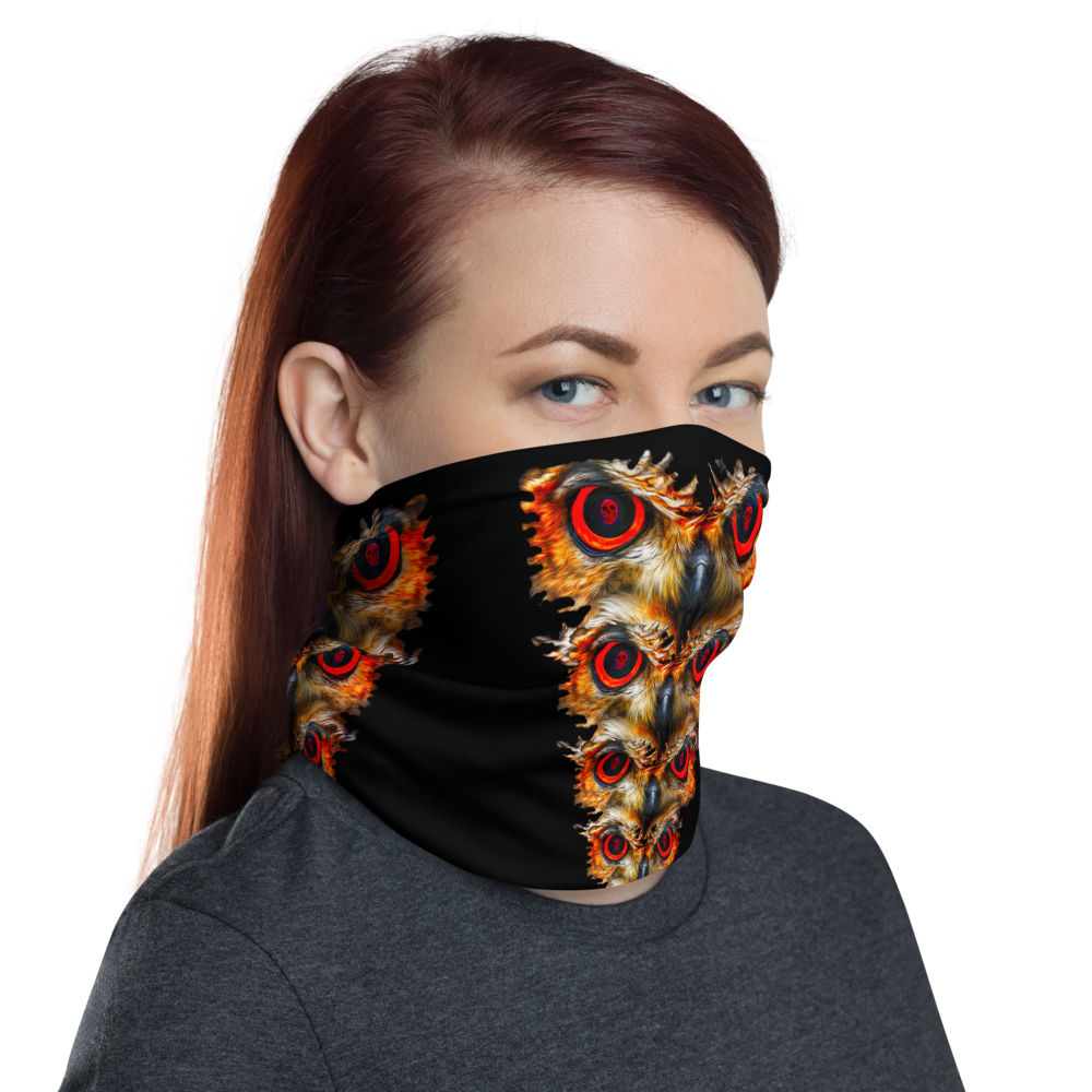 Owl Eyes See Skull  on Black Neck Gaiter - SkySkull Art