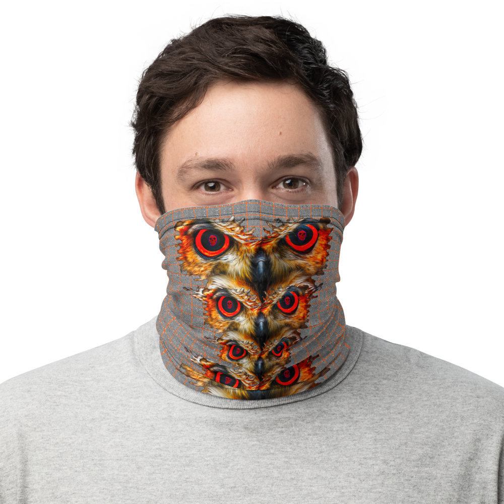 Owl Eyes See Skull  Hypnotic Squares with Orange Neck Gaiter - SkySkull Art