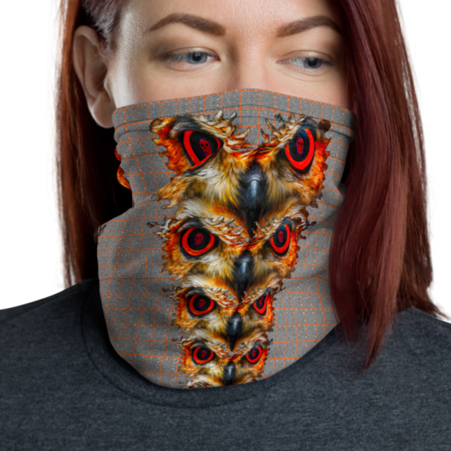 Owl Eyes See Skull  Hypnotic Squares with Orange Neck Gaiter - SkySkull Art