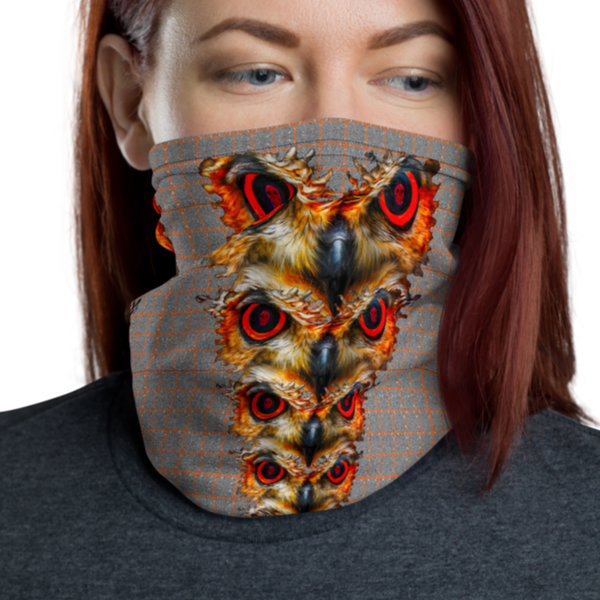 Owl Eyes See Skull  Hypnotic Squares with Orange Neck Gaiter - SkySkull Art