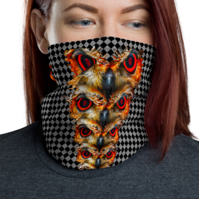 Owl Eyes See Skull  Hypnotic Checkered Black White Neck Gaiter - SkySkull Art