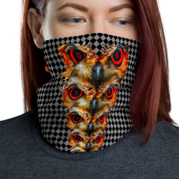 Owl Eyes See Skull  Hypnotic Checkered Black White Neck Gaiter - SkySkull Art