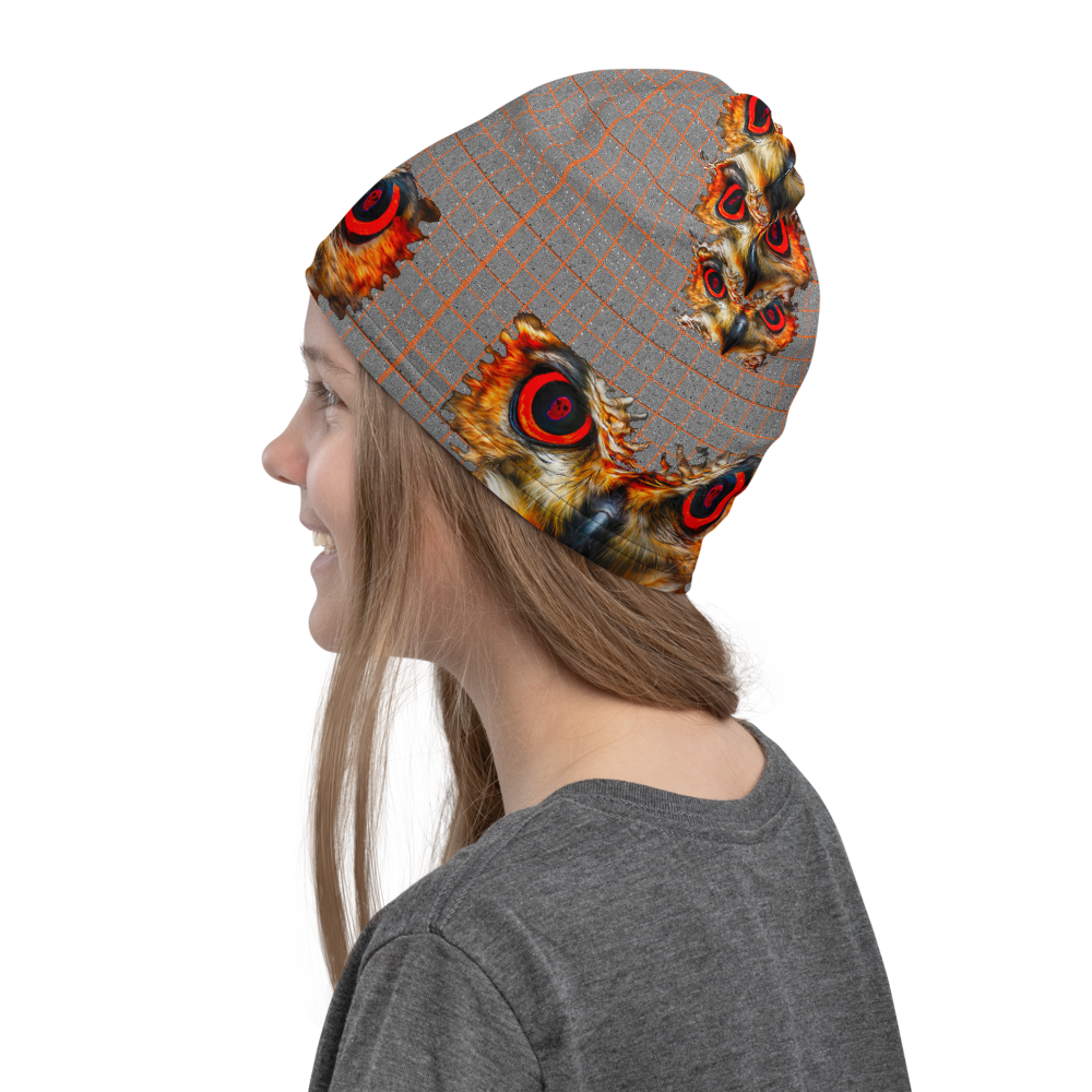 Owl Eyes See Skull  Hypnotic Squares with Orange Neck Gaiter - SkySkull Art