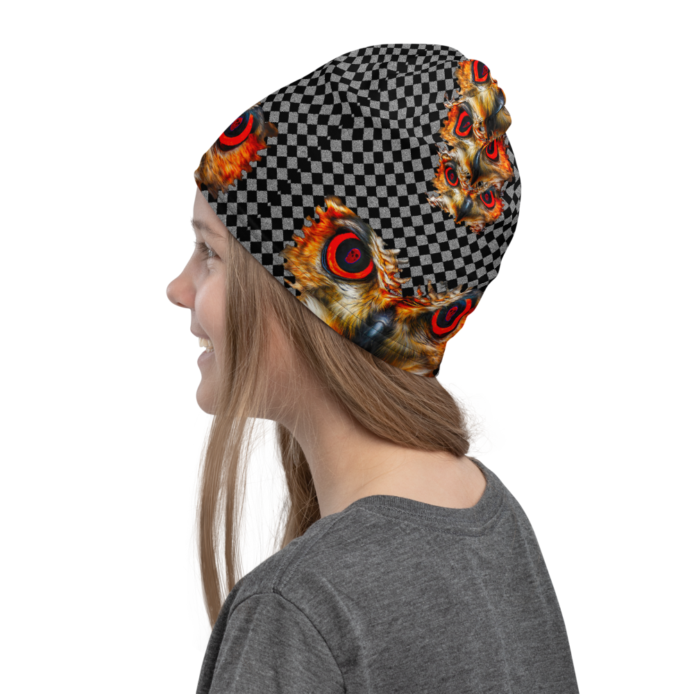 Owl Eyes See Skull  Hypnotic Checkered Black White Neck Gaiter - SkySkull Art