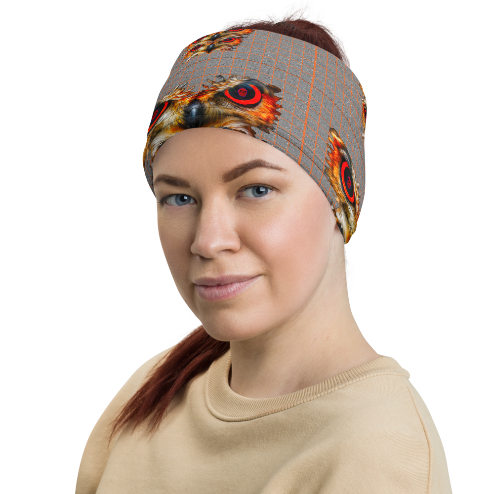 Owl Eyes See Skull  Hypnotic Squares with Orange Neck Gaiter - SkySkull Art