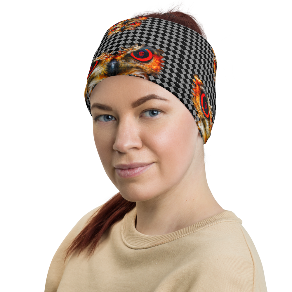 Owl Eyes See Skull  Hypnotic Checkered Black White Neck Gaiter - SkySkull Art