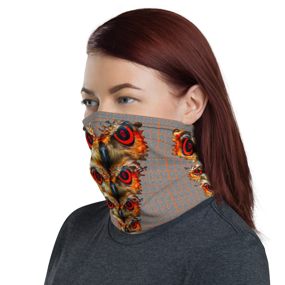 Owl Eyes See Skull  Hypnotic Squares with Orange Neck Gaiter - SkySkull Art