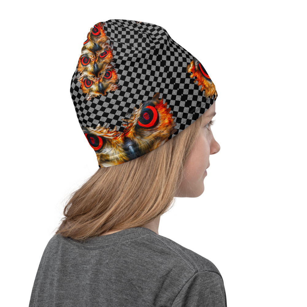 Owl Eyes See Skull  Hypnotic Checkered Black White Neck Gaiter - SkySkull Art