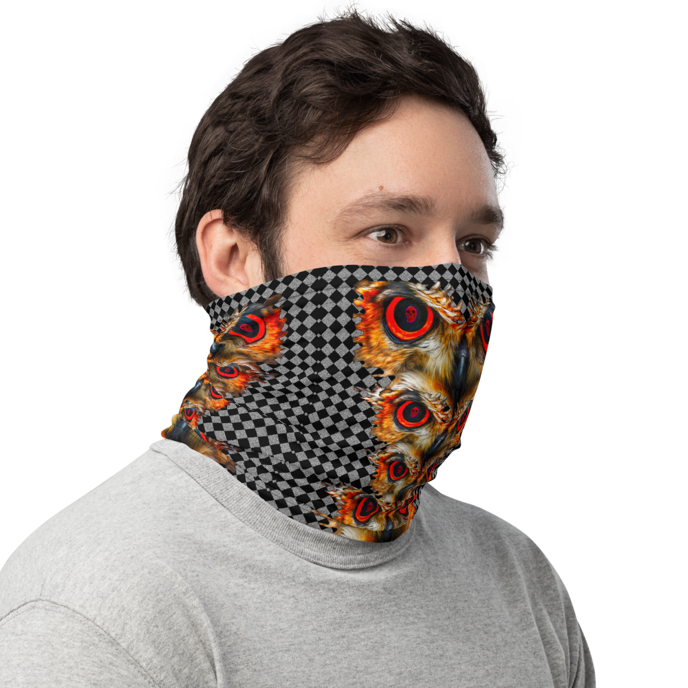 Owl Eyes See Skull  Hypnotic Checkered Black White Neck Gaiter - SkySkull Art