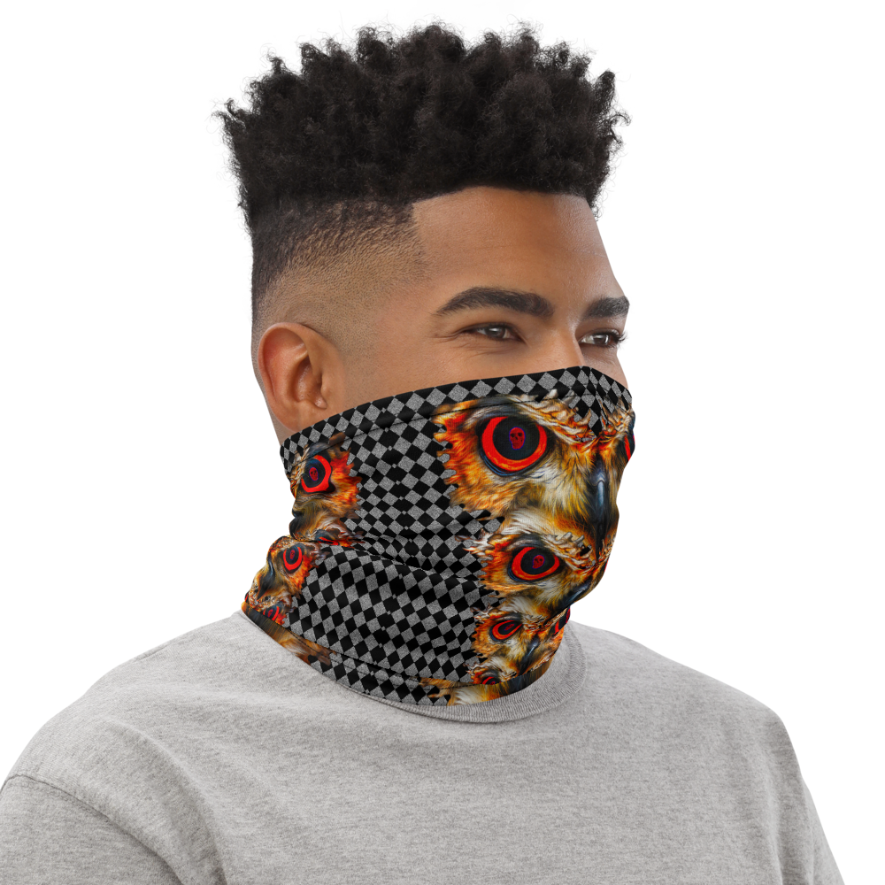 Owl Eyes See Skull  Hypnotic Checkered Black White Neck Gaiter - SkySkull Art