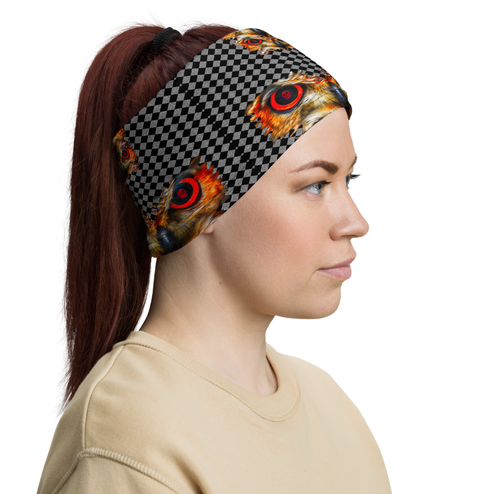 Owl Eyes See Skull  Hypnotic Checkered Black White Neck Gaiter - SkySkull Art