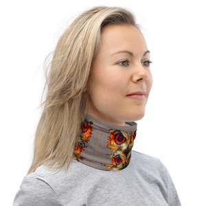 Owl Eyes See Skull  Hypnotic Squares with Orange Neck Gaiter - SkySkull Art