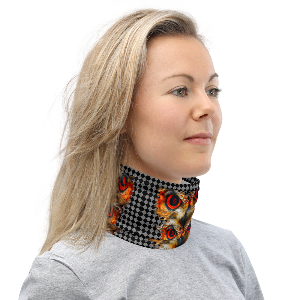 Owl Eyes See Skull  Hypnotic Checkered Black White Neck Gaiter - SkySkull Art