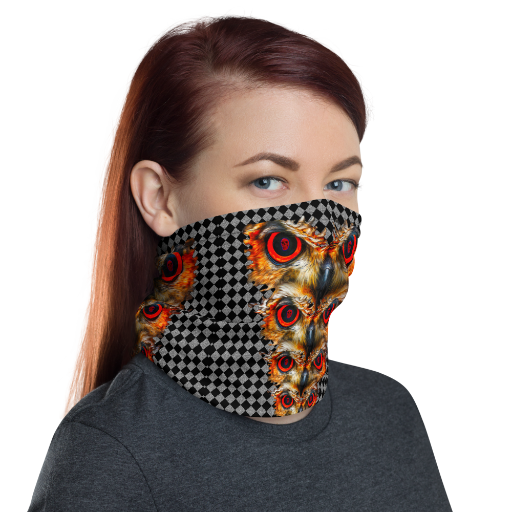 Owl Eyes See Skull  Hypnotic Checkered Black White Neck Gaiter - SkySkull Art